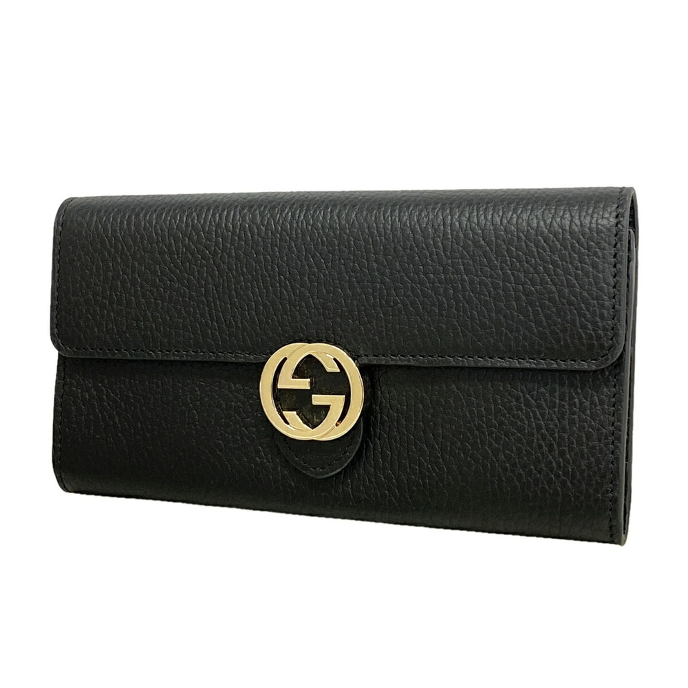 Gucci Long Wallet, Interlocking G, 598166, Leather, Black/Champagne, Women's,...